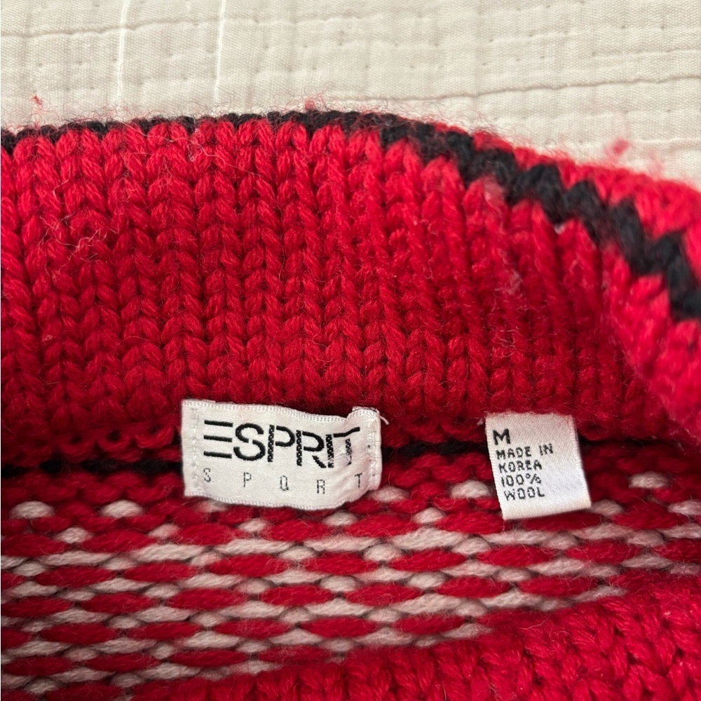 Vintage Espirit Sport Red Black Wool Sweater Nordic Fair Isle Women’s Medium - Picture 7 of 9
